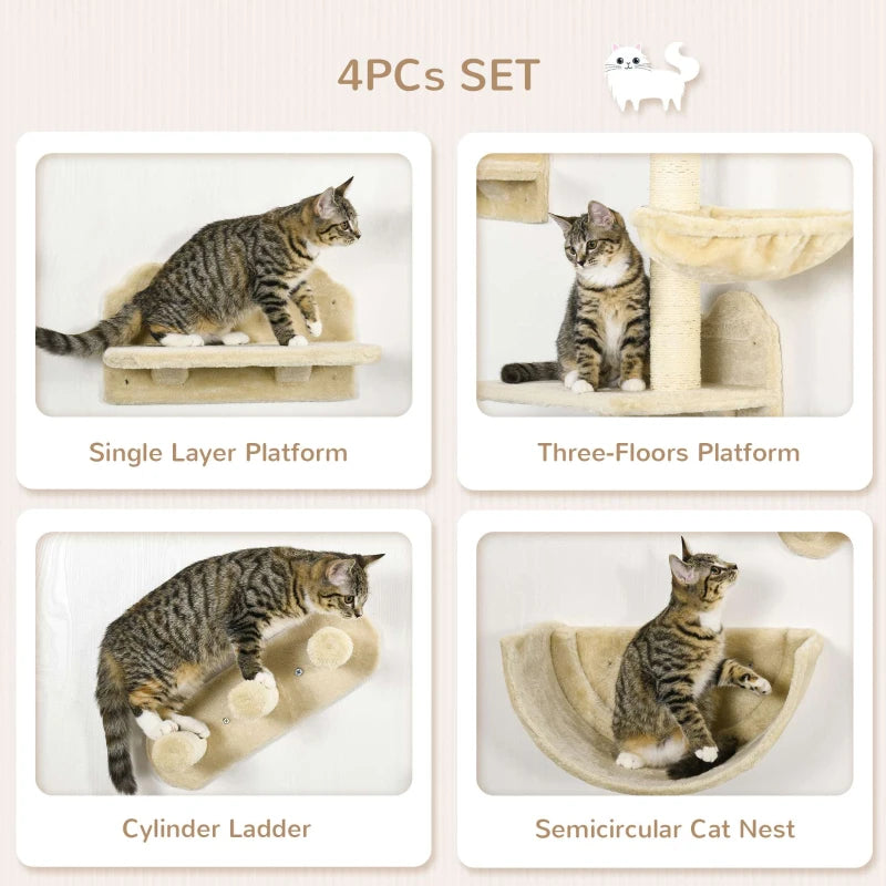 4PC Wall-Mounted Cat Shelves Set with Scratching Post, Hammock & Nest - Beige Cat Furniture for Climbing & Relaxing