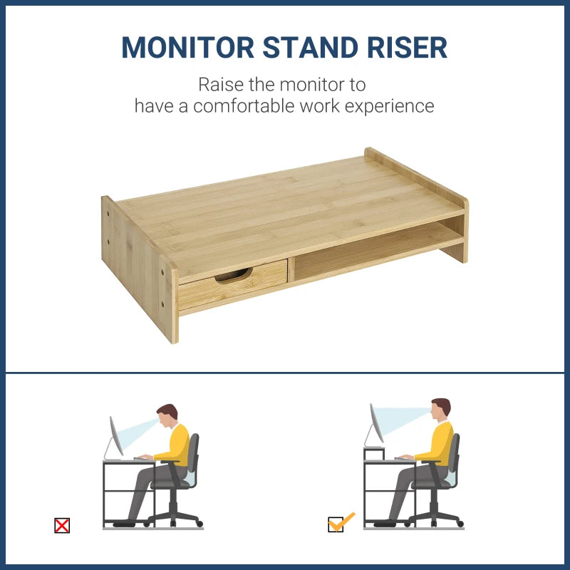 Bamboo Monitor Riser Stand with Drawer - Laptop PC Plinth Organizer for Desktop & TV - Stylish & Functional