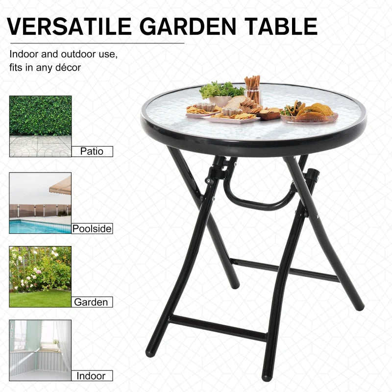 Black Round Glass Garden Folding Table with Safety Buckle