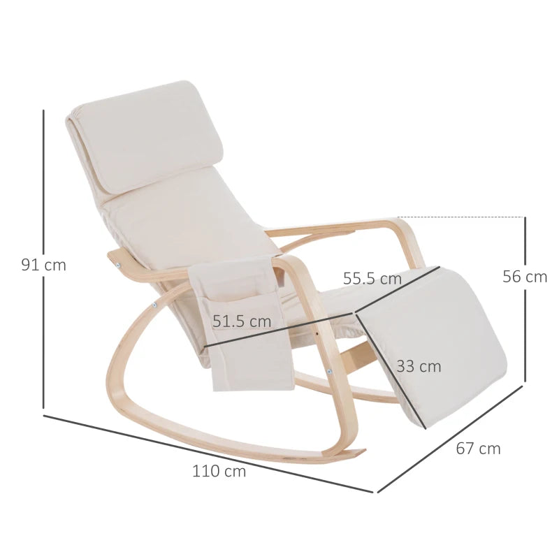 Cream White Rocking Lounge Chair Recliner with Adjustable Footrest, Side Pocket and Pillow for Ultimate Relaxation