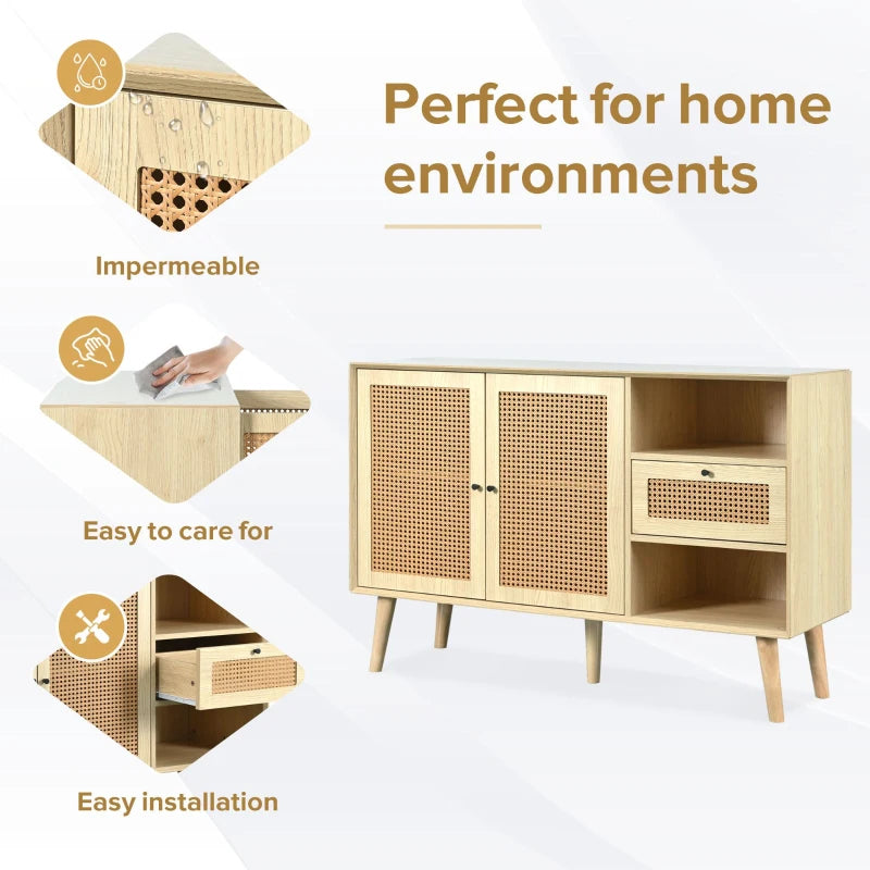 Modern Light Oak Sideboard with Woven Doors, Drawers & Unique Legs - 120L x 40W x 80H cm, Stylish Storage Solution