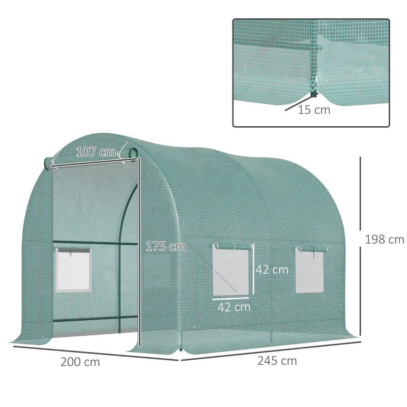 Green Walk-In Polytunnel Greenhouse with Roll-Up Door, Steel Frame, 2.5 x 2m