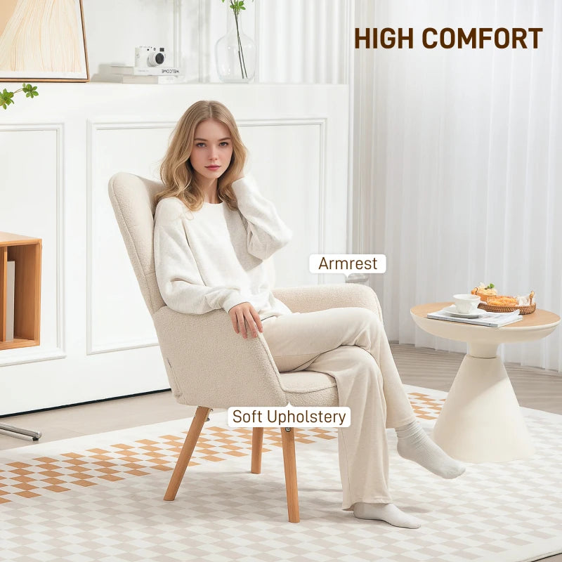 Modern Cream White Accent Chair - Upholstered Tufted Wingback Armchair with Teddy Fleece, Padded Seat & Wood Legs for Bedroom