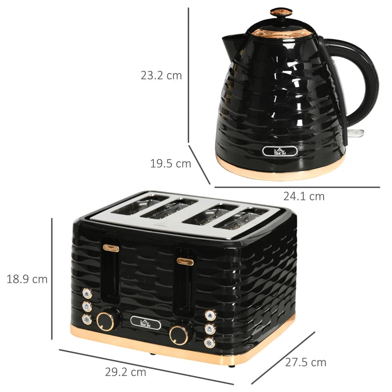 Premium 3000W Kettle & Toaster Set - 1.7L Rapid Boil, 4 Slice, 7 Browning Controls, UK Otter Thermostat, Black
