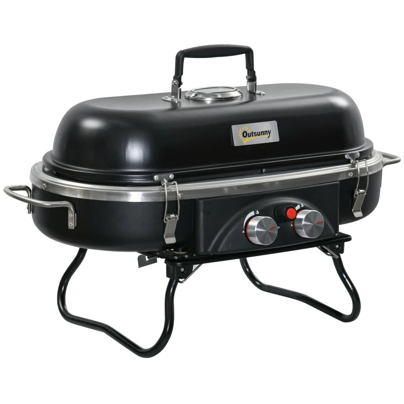 Portable 2-Burner Gas BBQ Grill with Lid and Thermometer, Silver