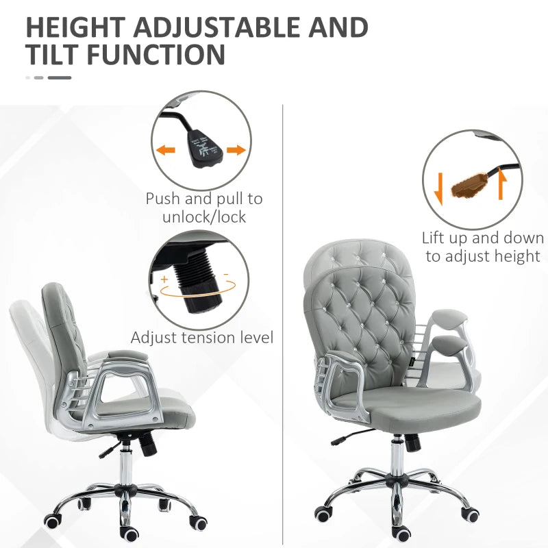 Vinsetto Ergonomic Office Chair - 360° Swivel, PU Diamante Padded Base, 5 Castor Wheels, Grey - Perfect for Home & Work