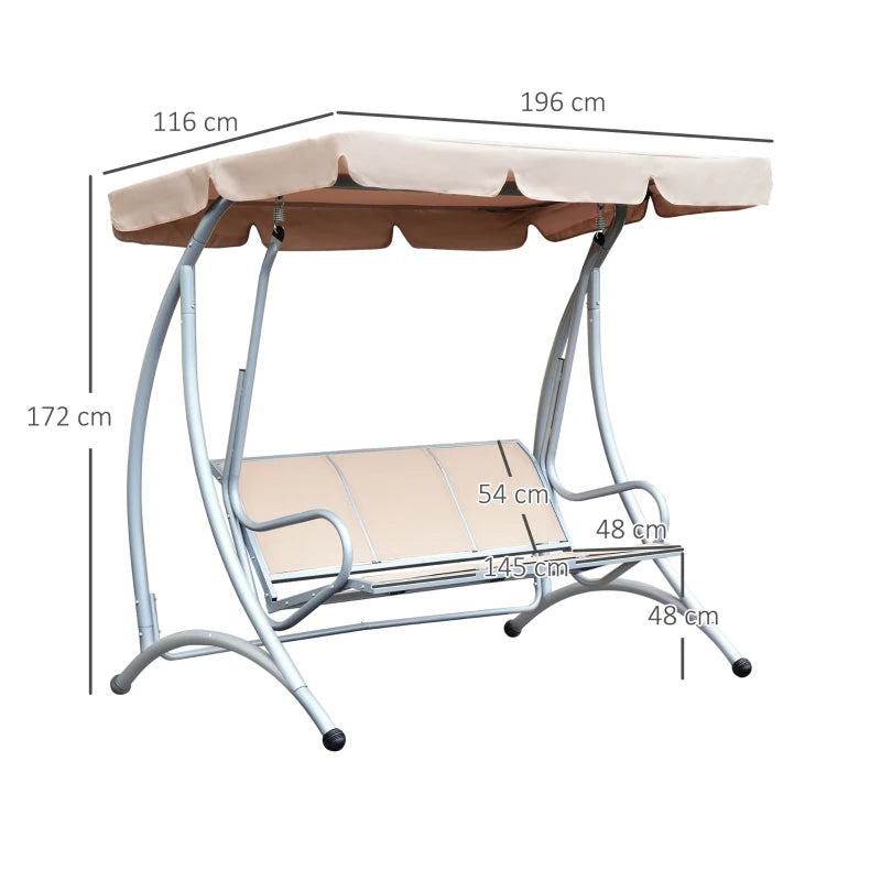 Beige 3 Seater Steel Garden Swing Chair with Adjustable Canopy