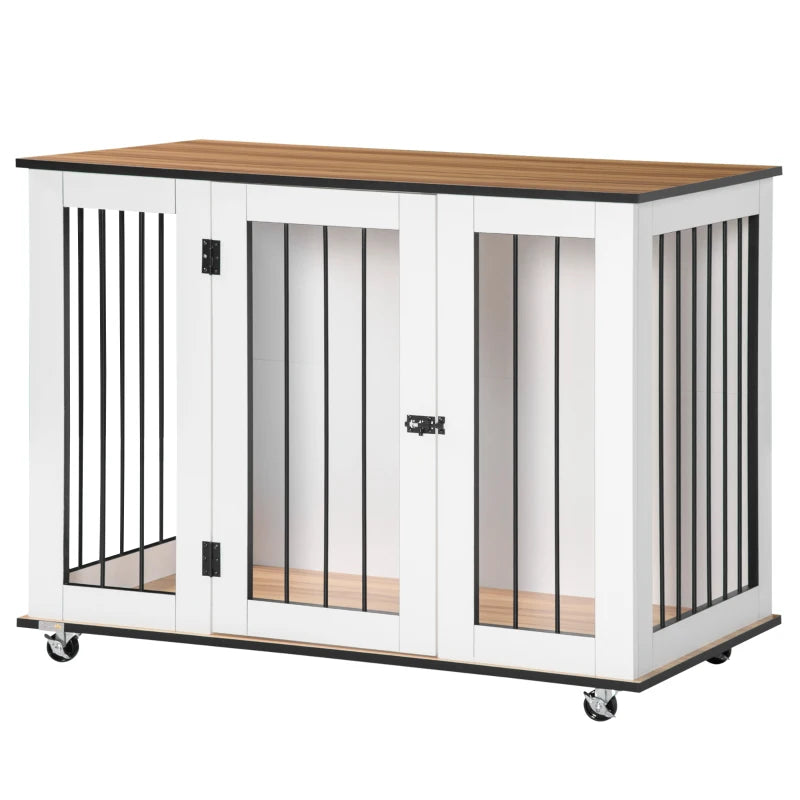 Stylish Dog Crate Furniture with Wheels - Large Dog Cage End Table, 106 x 60 x 82 cm, White Finish