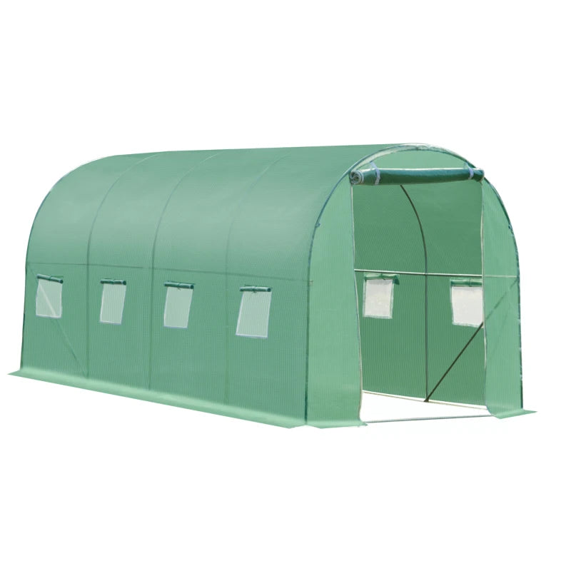 Green Walk-in Garden Tunnel Greenhouse, 4x2M, Roll-Up Door, 8 Windows