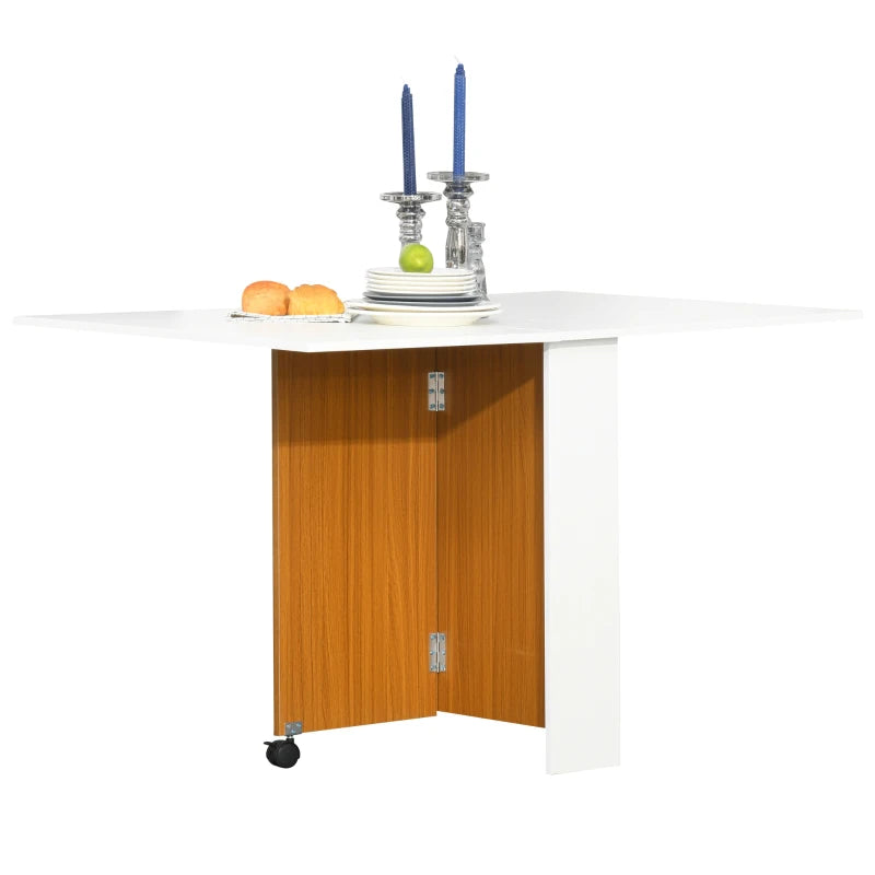 Folding Dining Table & Writing Desk Workstation on Casters - Teak & White Finish for Versatile Home Use