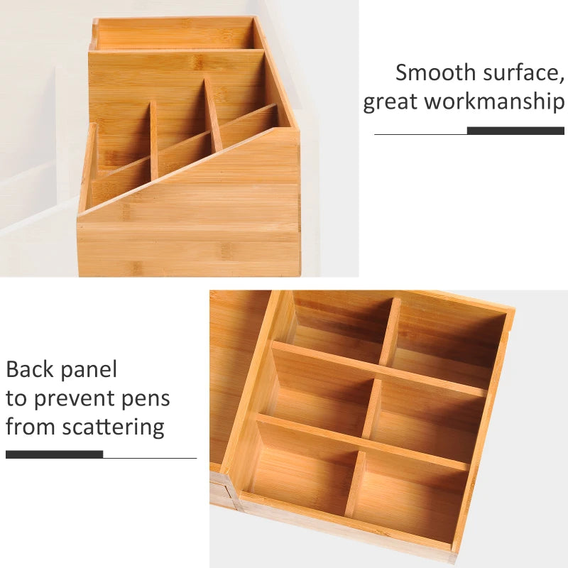 Bamboo Desk Organiser Caddy - Multi-Function Storage Holder with 7 Compartments & 2 Drawers for Home Office Supplies