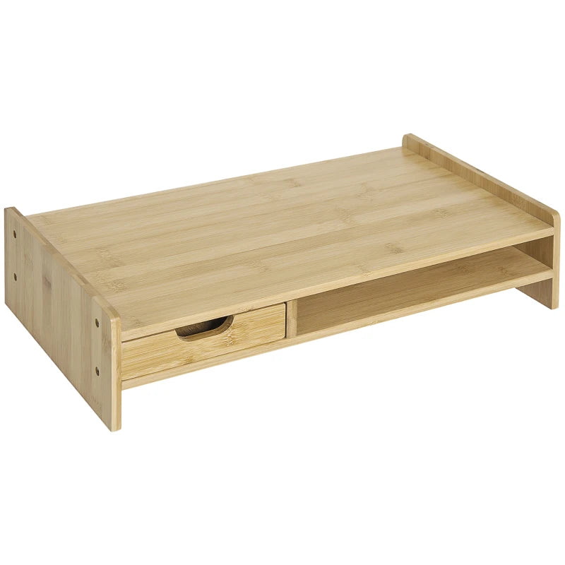 Bamboo Monitor Riser Stand with Drawer - Laptop PC Plinth Organizer for Desktop & TV - Stylish & Functional