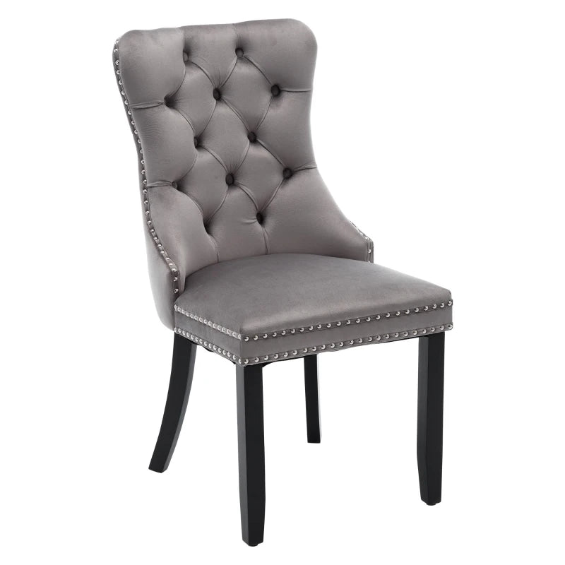 Set of 4 Grey Velvet Dining Chairs with Button Tufted Backrest, Wingback Design, Solid Rubber Wood Legs, Foot Pads