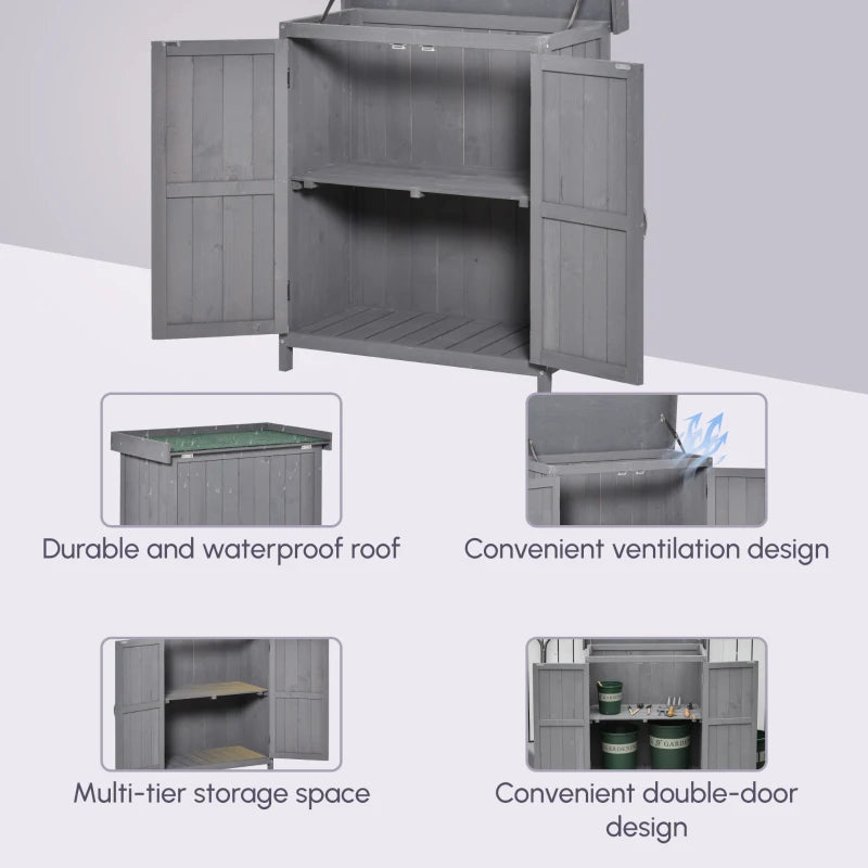 Wooden Garden Shed with Hinged Roof and Removable Shelf Outdoor Tool Storage Cabinet Double Doors 74x43x88cm Grey