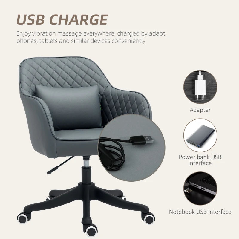 Vinsetto Grey Microfiber Office Chair with Massage Lumbar Pillow, Rolling Wheels - Ideal for Desk, Makeup Vanity & Home Use