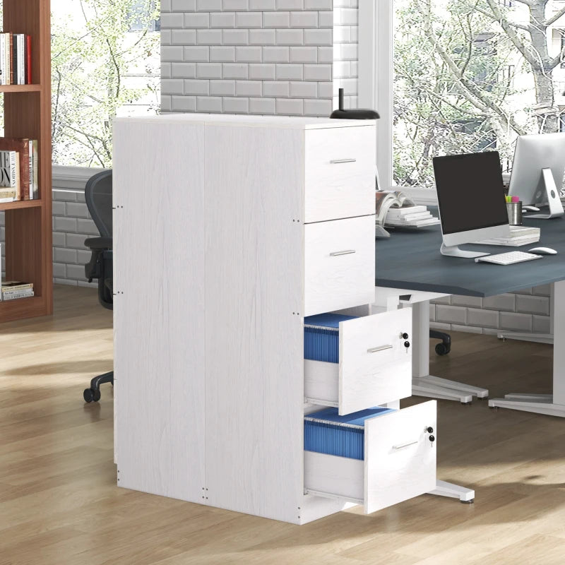Stylish White Wood Effect Four-Drawer Lockable Filing Cabinet for Secure Document Storage - Ideal for Home or Office