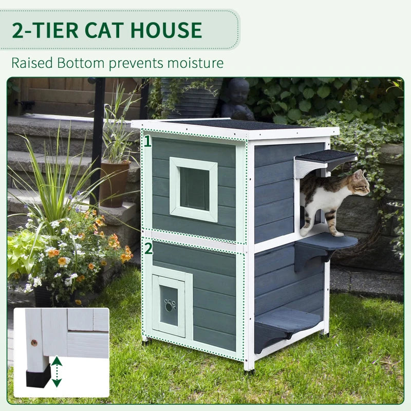 Wooden Cat House - 2-Floor Outdoor Kitten Shelter with Window - Stylish Grey Design for Cats and Kittens