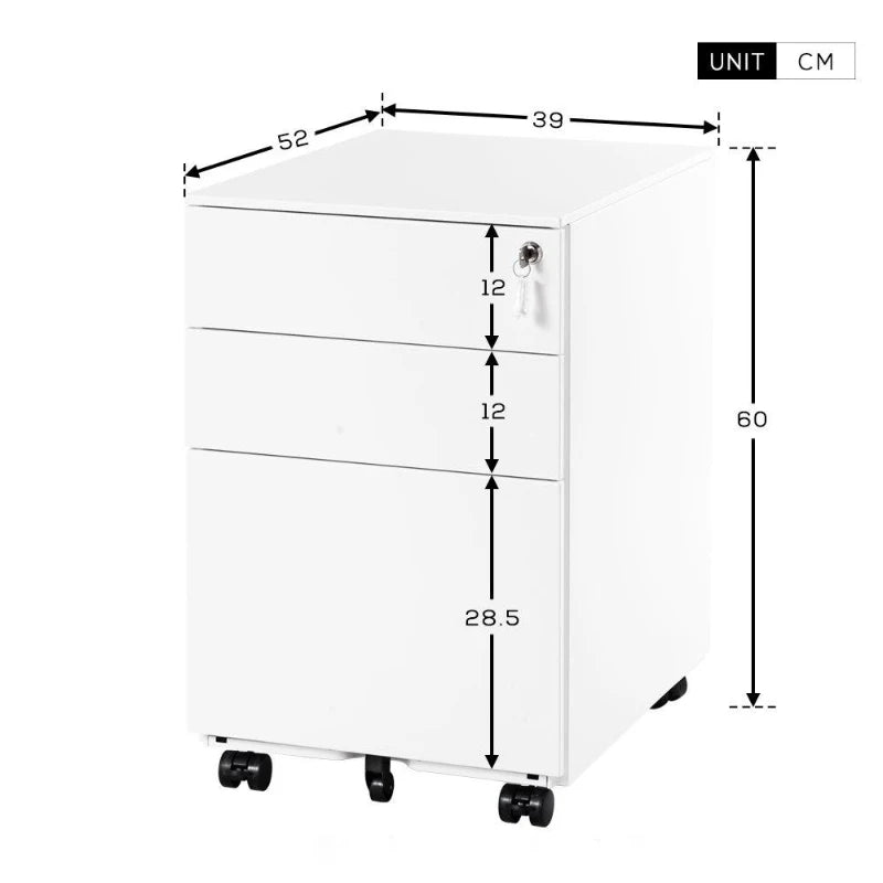 Lockable Mobile File Cabinet - 3 Drawer Steel Pedestal on 5 Casters, Secure Storage with Keys, 39x52x60 cm, White
