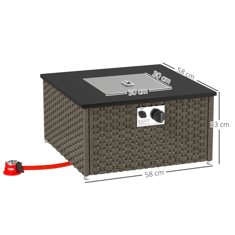 Rattan Gas Fire Pit Table - 13KW Smokeless Propane Heater, Square Outdoor Coffee Table with Lid, 58x58x33cm, Grey