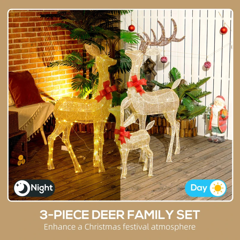 Lighted Reindeer Christmas Decorations - 3-Piece LED Deer Family Set for Outdoor Lawn & Garden - Gold Tone