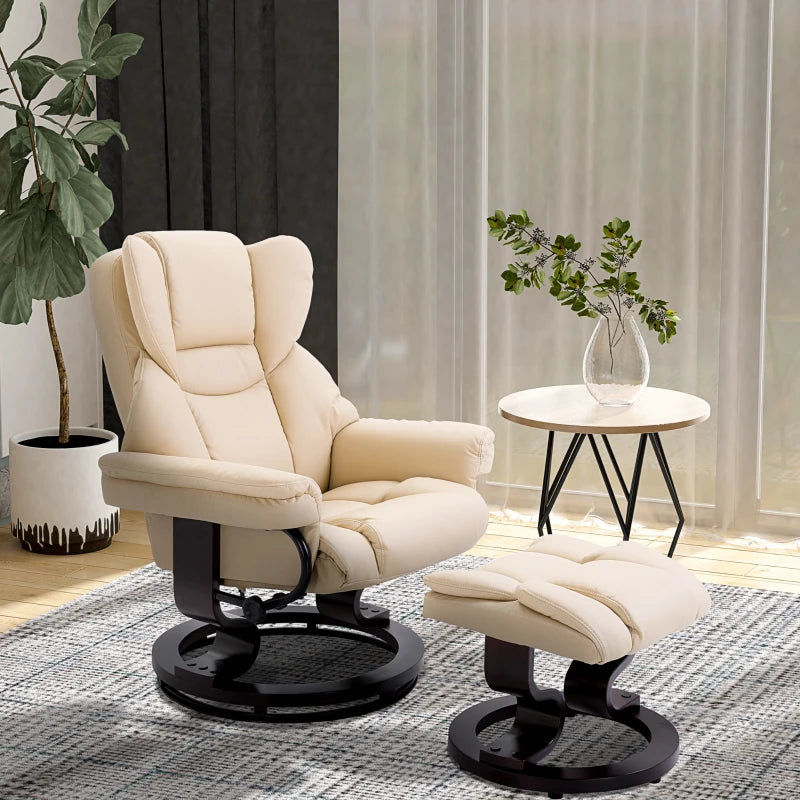 Cream Faux Leather Recliner Chair with Footstool, Swivel Armchair with Adjustable Backrest and Solid Wood Base for Living Room