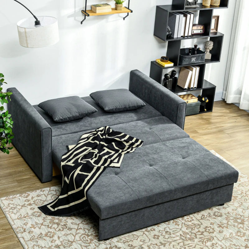 Modern 2 Seater Sofa Bed with Hidden Storage, Cotton Loveseat Couch and Cushions for Living Room, Dark Grey