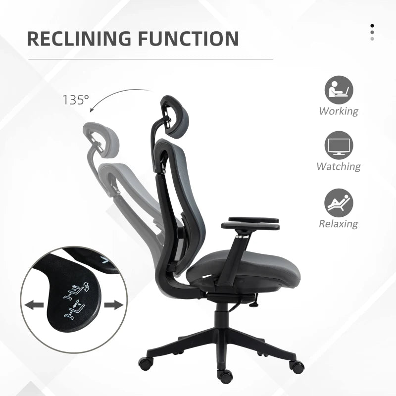 Vinsetto Ergonomic Mesh Office Chair with Adjustable Headrest, Lumbar Support, 135° Recline & 3D Armrests - Grey