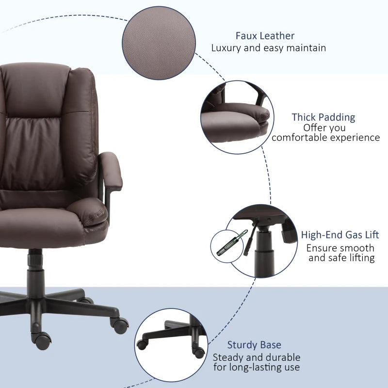 Brown PU Leather Mid Back Office Chair - Adjustable Height, Swivel Rolling Wheels - Ideal for Home Study & Computer Desk