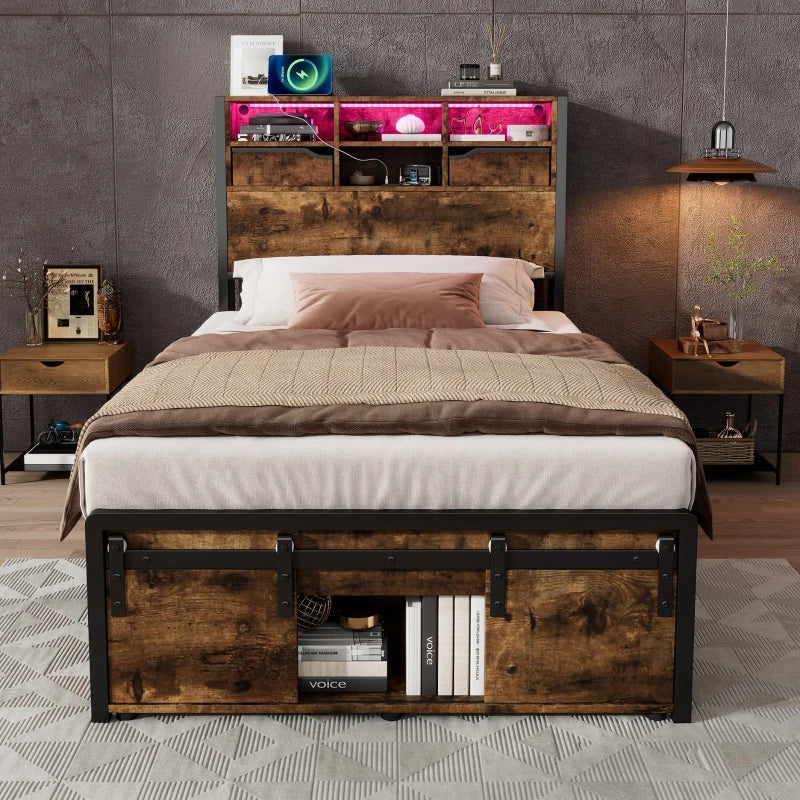 Modern Metal Single Bed with LED Lights & USB Charging Ports, Sturdy Iron Slats, Black & Natural, 209x90.5x114.5 cm