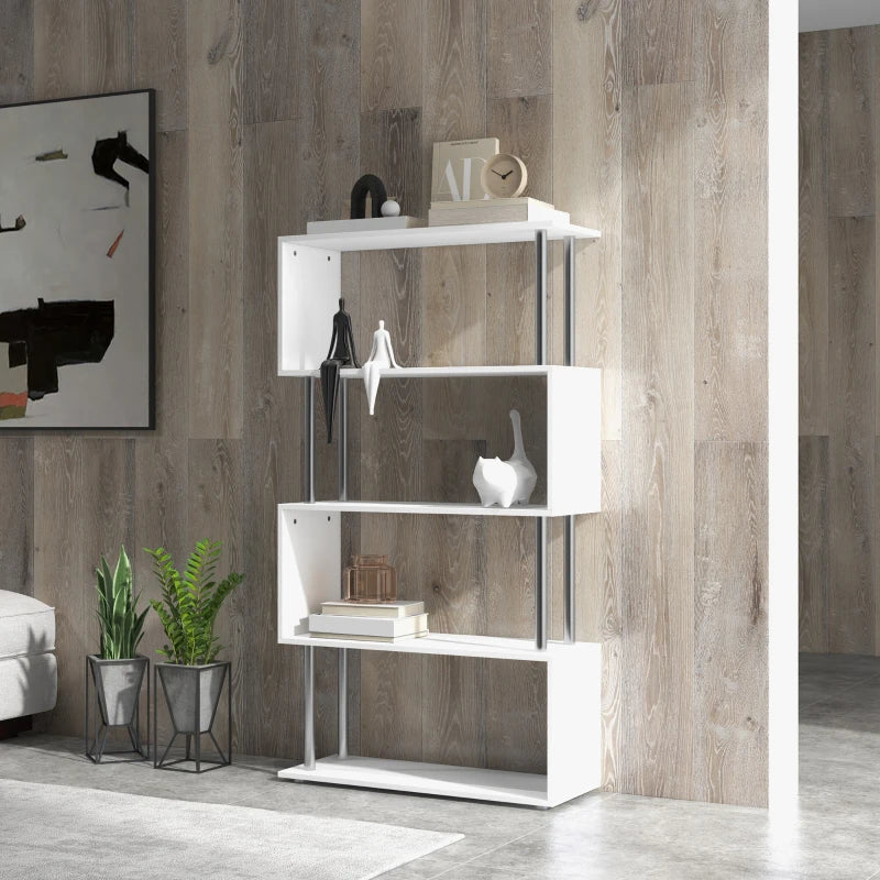 Modern S Shape 5-Tier Bookcase - Freestanding White Bookshelf for Home Office, Study & Living Room, 80x30x145cm