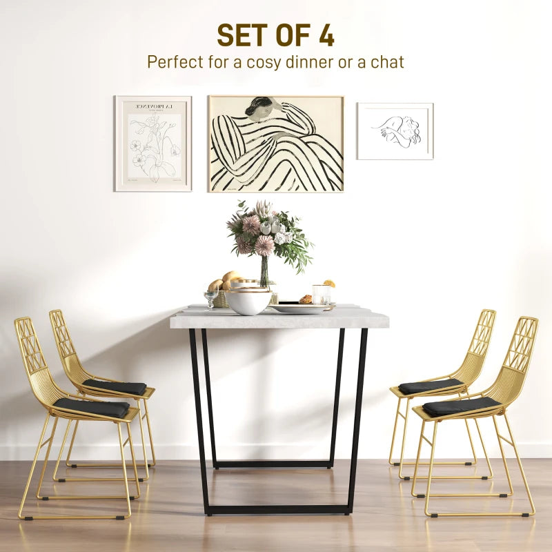Luxurious Set of 4 Dining Chairs - Metal Wire Kitchen Chairs with Velvet Cushions, Cut-out Back & Gold Steel Frame