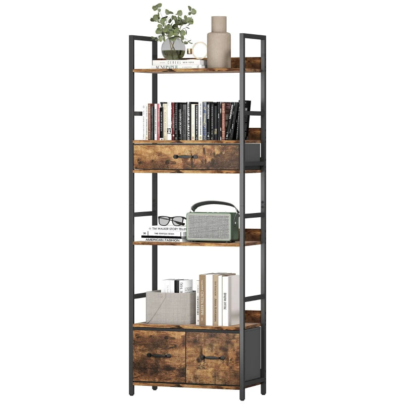 Industrial Style Bookcase with 4 Shelves & 3 Fabric Drawers - Brown & Black Storage Solution for Home or Office