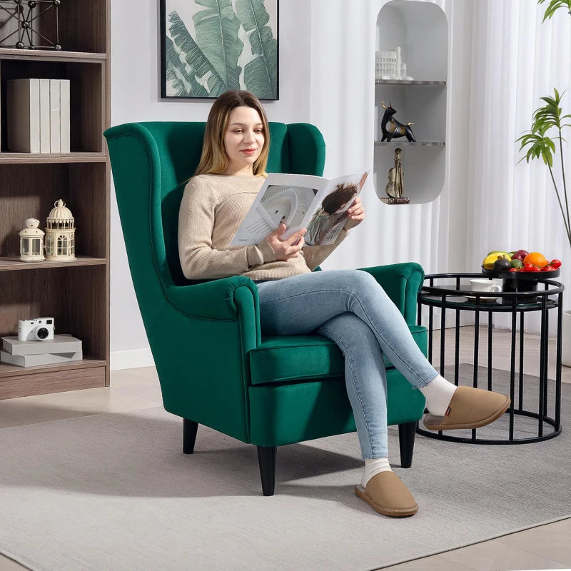 Stylish Upholstered Wingback Armchair with High Backrest and Pillow for Living Room or Bedroom, Dark Green Velvet