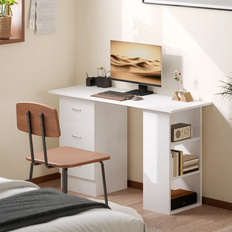 Modern White Computer Desk with 3 Storage Shelves & Drawers, Stylish Writing Table for Home Office, Silver Handle