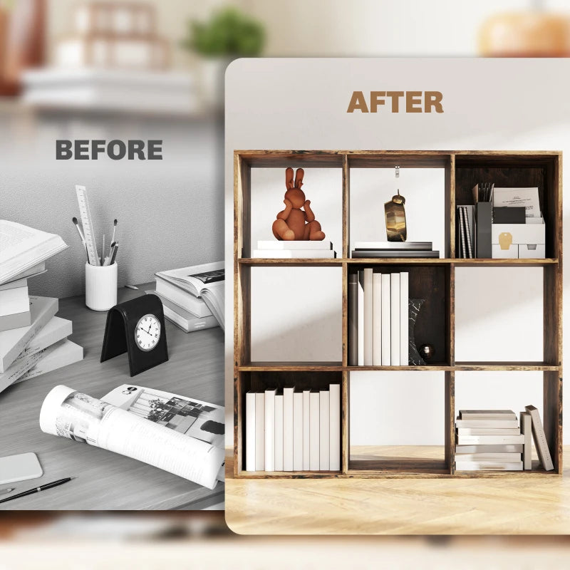 Rustic Brown Nine-Cube Storage Shelf - Versatile Organizer for Home, Office, and Kids' Rooms - Stylish and Functional