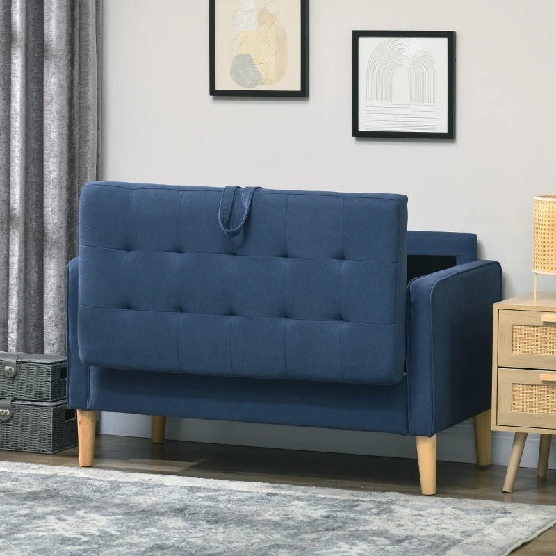 Compact Modern Loveseat Sofa with Hidden Storage, 117cm Tufted Cotton Couch with Wooden Legs in Blue