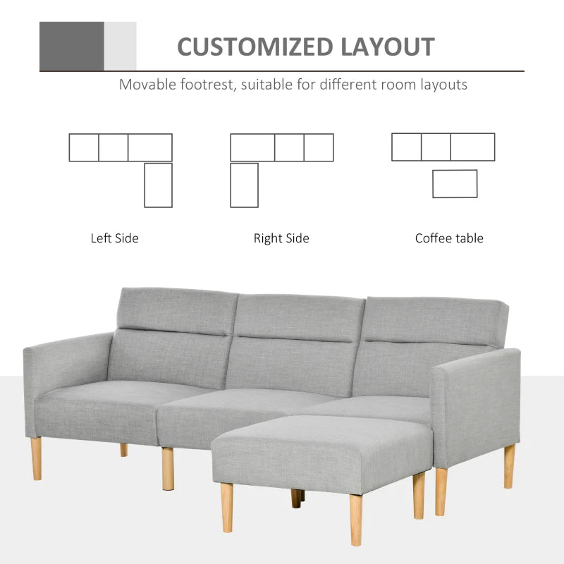 Linen Fabric L-Shaped Sofa Bed with Footstool and Rubber Wood Legs in Light Grey
