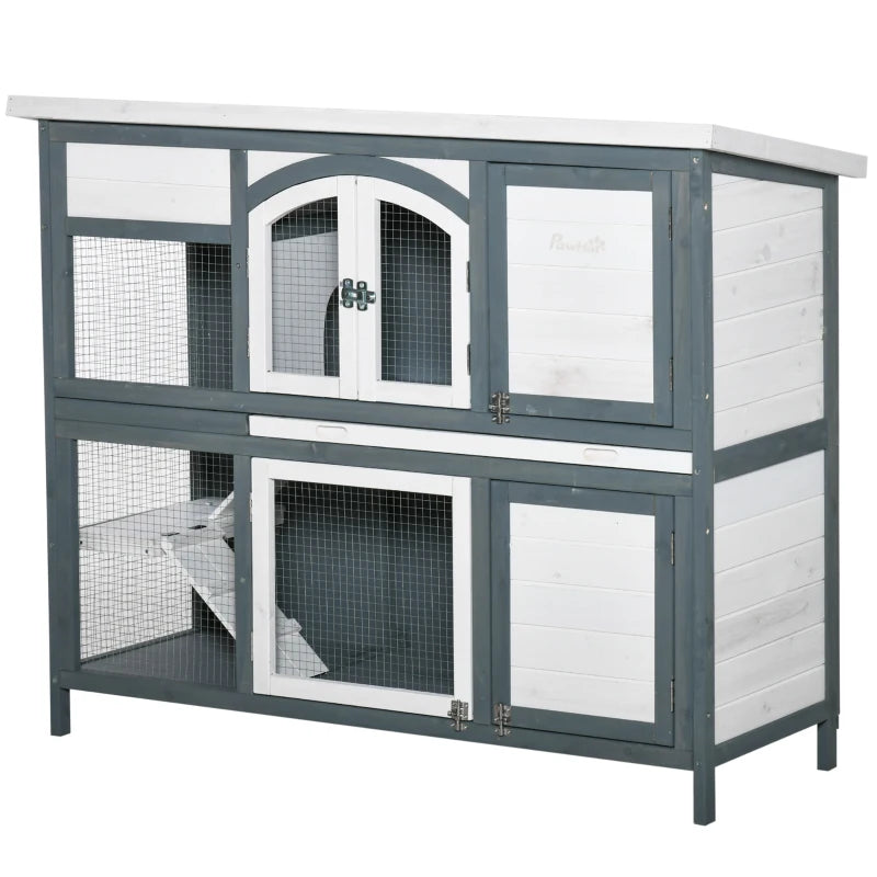 Premium 2-Tier Outdoor Rabbit & Guinea Pig Hutch - Wooden Cage with Ramp, Divider & Openable Roof - 125x48x100cm Grey