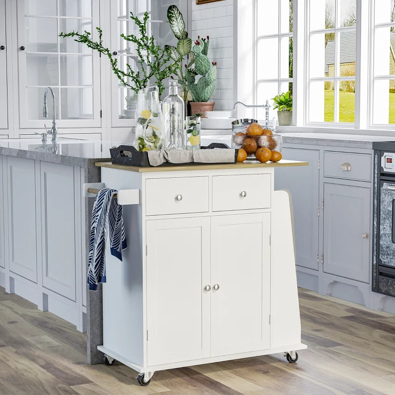 Mobile Kitchen Island on Wheels - Rolling Storage Trolley with Rubber Wood Top, 2-Door Cabinets, Adjustable Shelf & Spice Rack