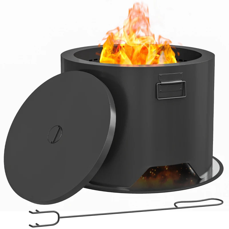 Outdoor Round Fire Pit with Lid & Poker - Durable Black Steel Design for Backyard Patio Heating & Ambiance
