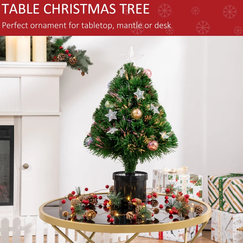 2FT Pre-lit Artificial Christmas Tree - Multicoloured Fibre Optic Xmas Decoration with LED Lights for Table Desk - Green