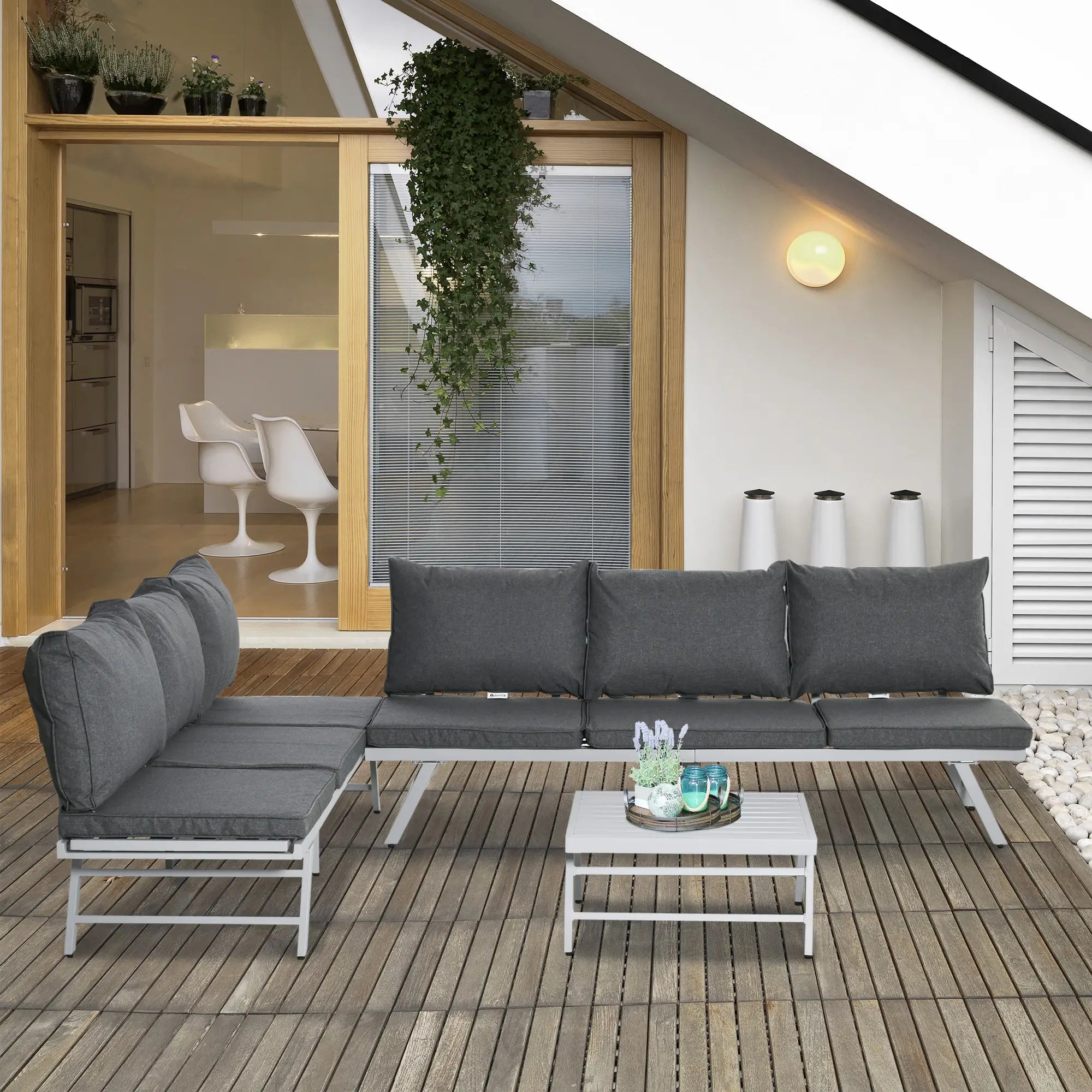 Grey Metal Garden Furniture Set With Slatted Top Table