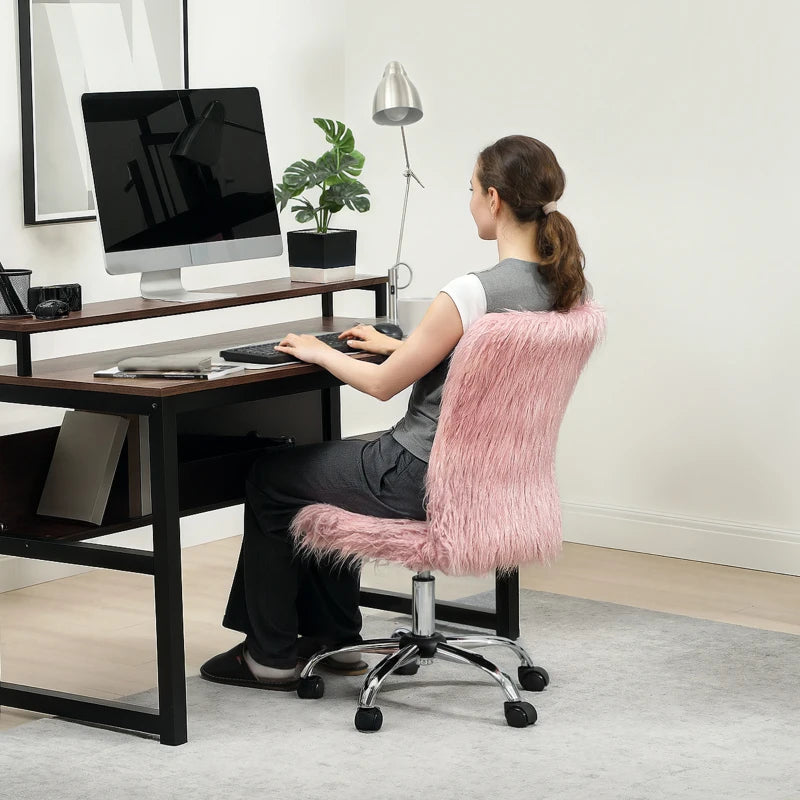 Modern Pink Plush Office Desk Chair - Armless Swivel Vanity Chair with Adjustable Height for Home, Bedroom & Living Room
