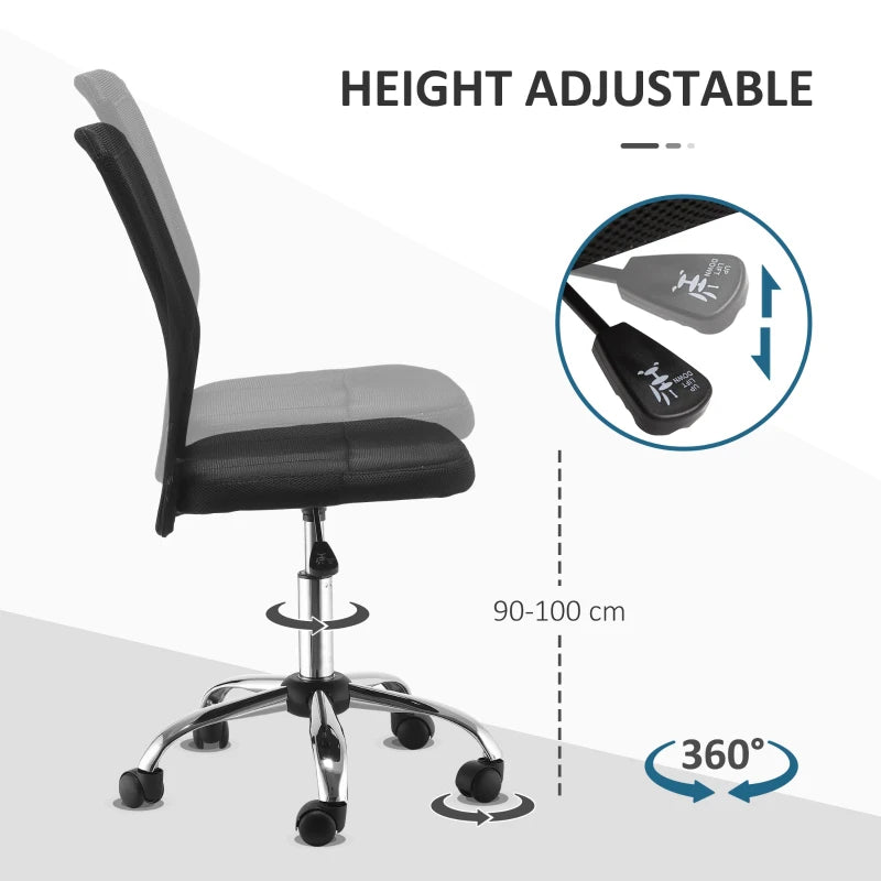 Armless Adjustable Office Chair with Rolling Wheels and Mesh Back for Home and Study Black