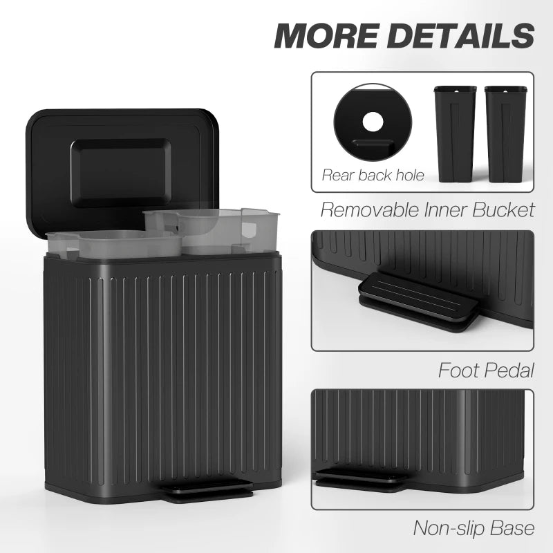 40L Dual Compartment Rubbish Bin with Soft-Close Lid - Stylish Black Trash Can for Kitchen & Home Organization