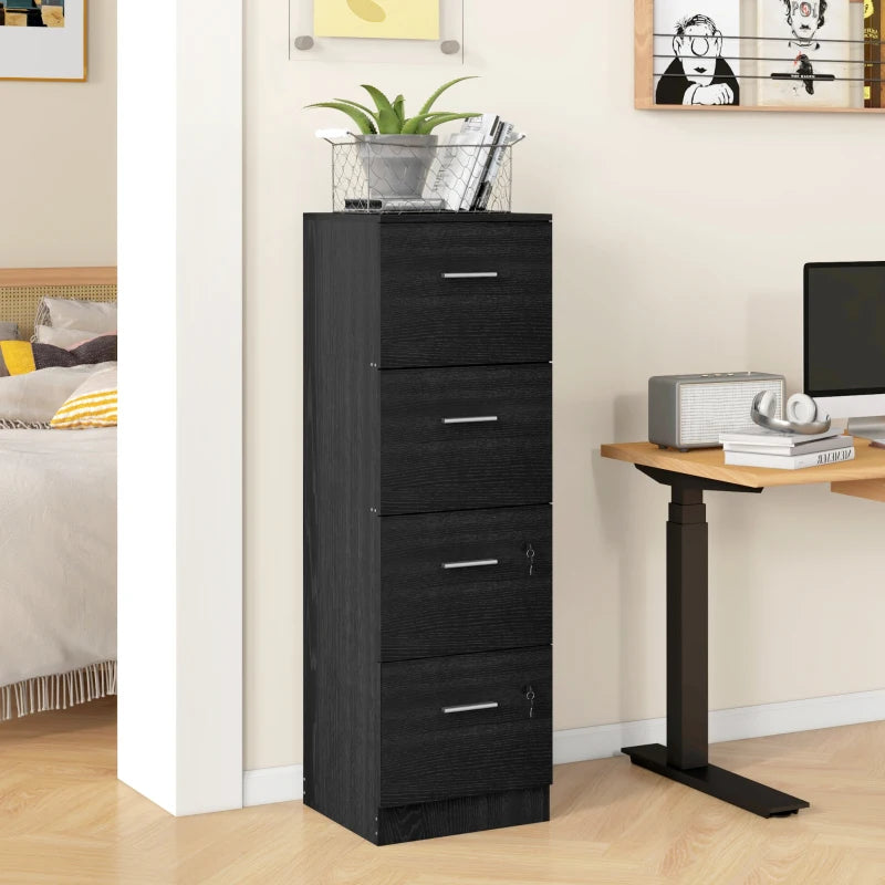 Stylish Black Wood Effect Four-Drawer Lockable Filing Cabinet for Secure Document Storage - Ideal for Home or Office