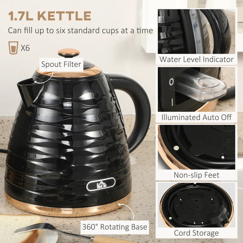 Premium 3000W Kettle & Toaster Set - 1.7L Rapid Boil, 4 Slice, 7 Browning Controls, UK Otter Thermostat, Black