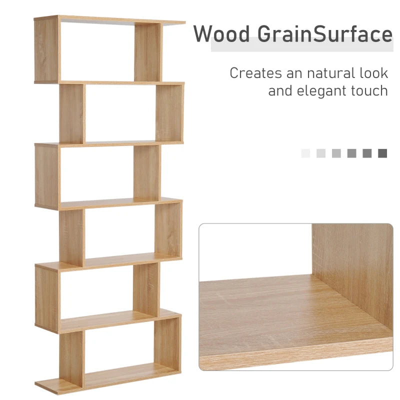 6-Tier S-Shaped Bookcase - Stylish Oak Storage Unit & Display Shelf for Living Room, Bedroom, Home Office, Plants