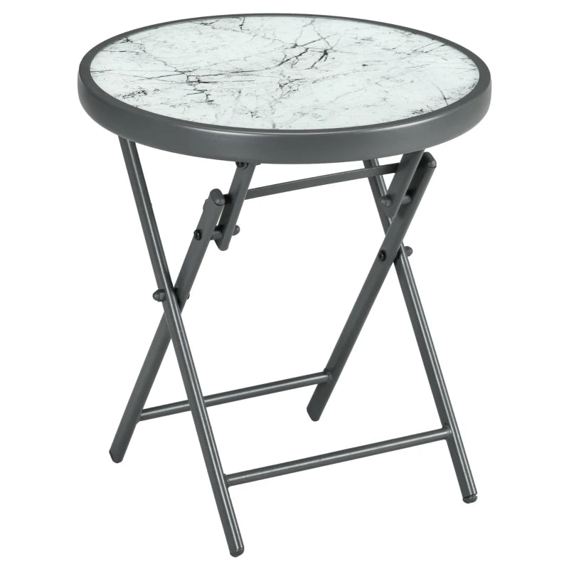 45cm Round Folding Garden Side Table - Outdoor Patio Coffee Table with Imitation Marble Glass Top - White