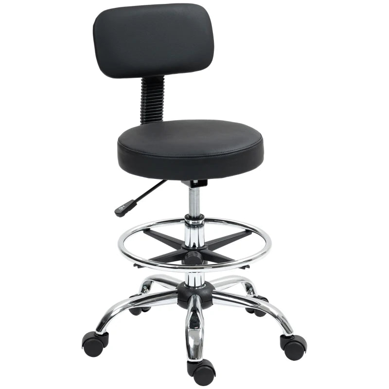 Ergonomic Drafting Chair with Backrest & Adjustable Footrest - Leather Padded Rolling Office Stool for Home & Office, Black
